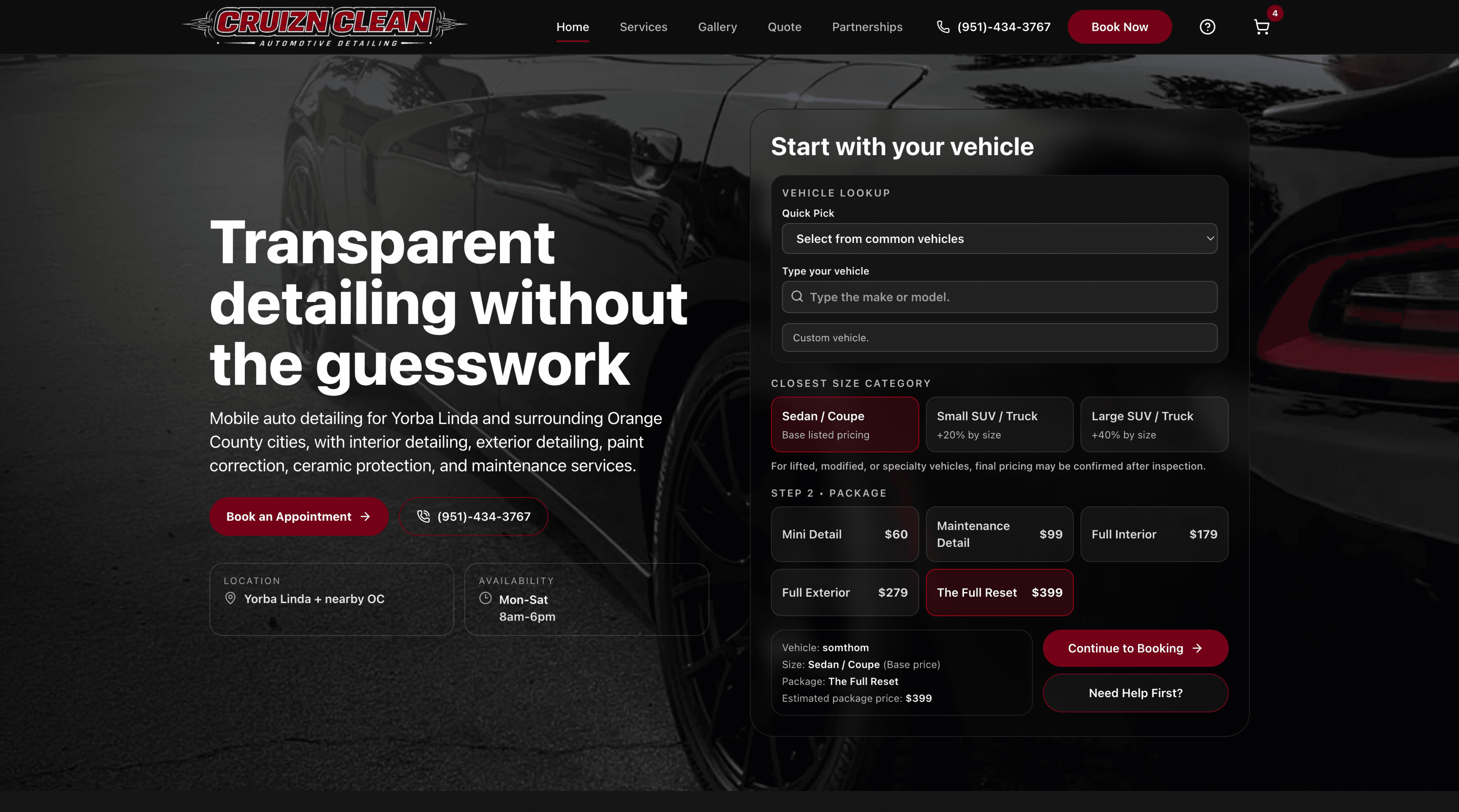 Cruizn Clean desktop homepage with vehicle lookup, detailing packages, and booking actions.