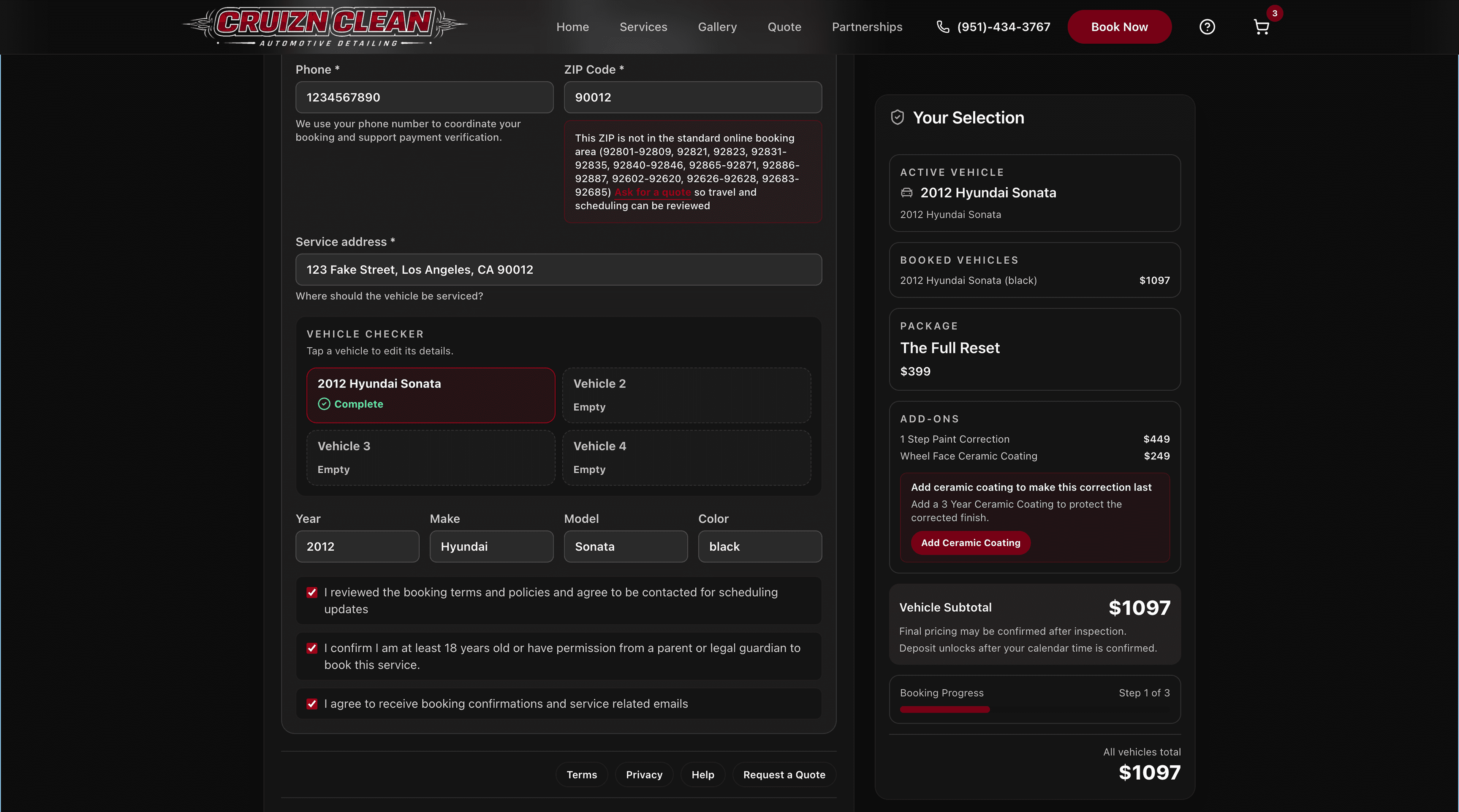 Cruizn Clean desktop customer information step with vehicle details and booking summary.