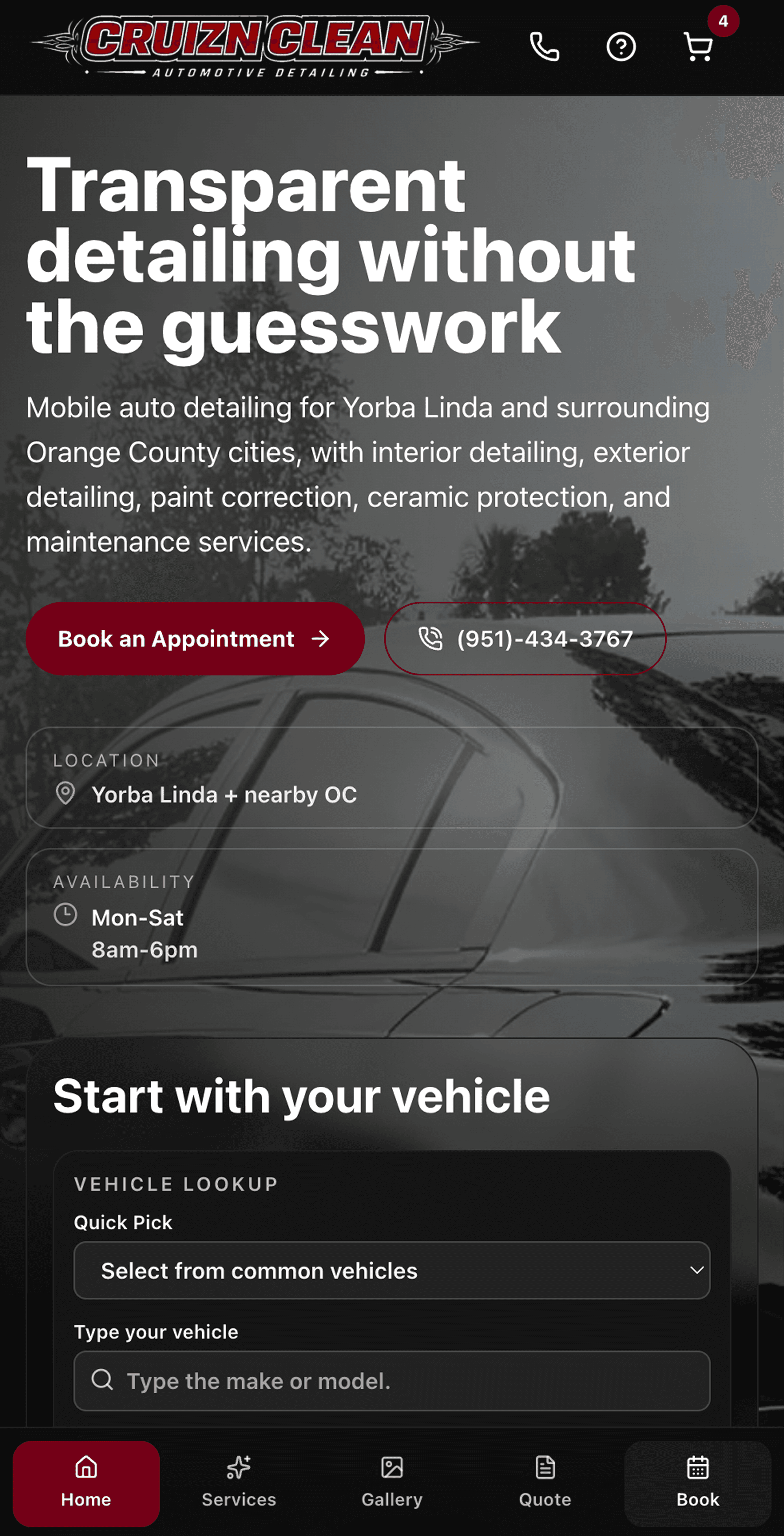 Cruizn Clean mobile homepage with booking and call actions, vehicle lookup, and bottom navigation.