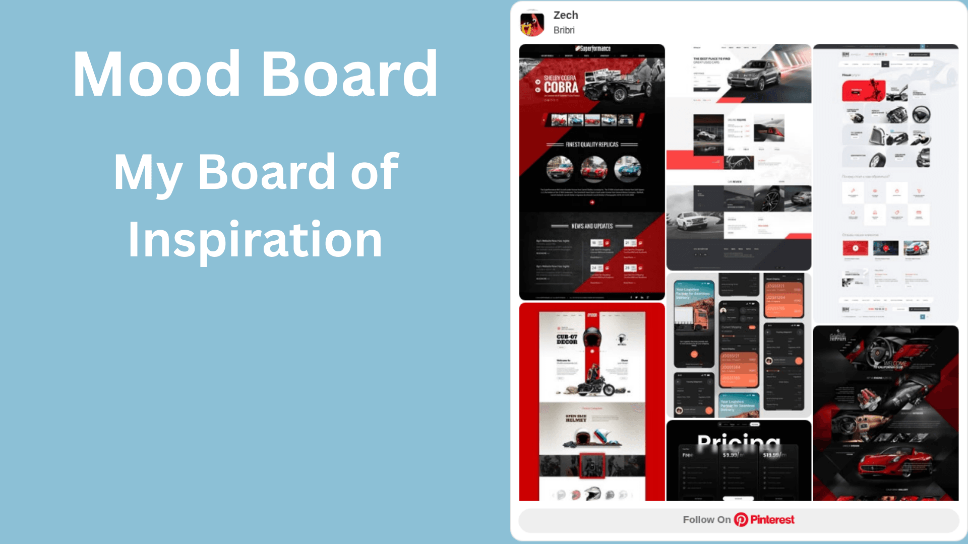 Early Cruizn Clean research deck mood board with automotive web references, dark interface examples, pricing references, and mobile inspiration.