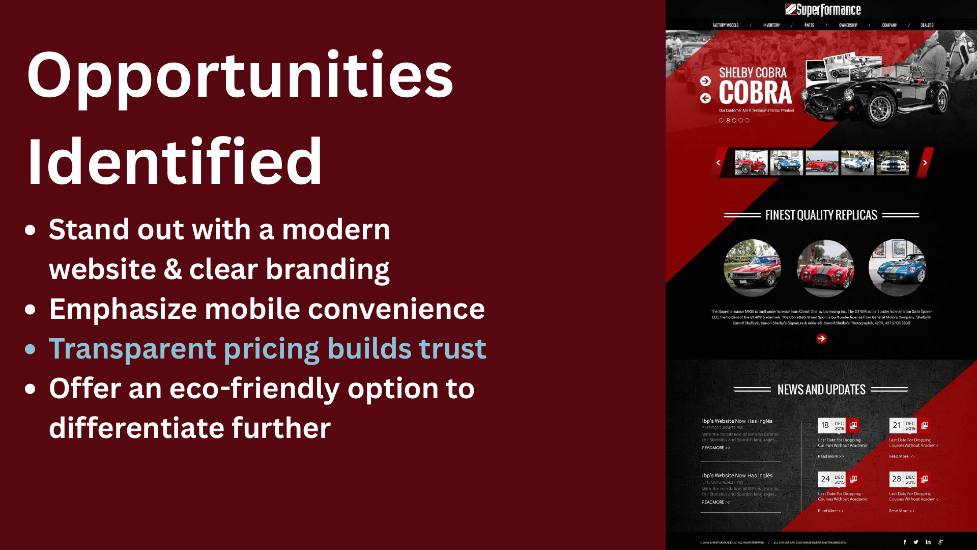 Early Cruizn Clean research deck page titled Opportunities Identified with direction around modern branding, mobile convenience, transparent pricing, and differentiation.