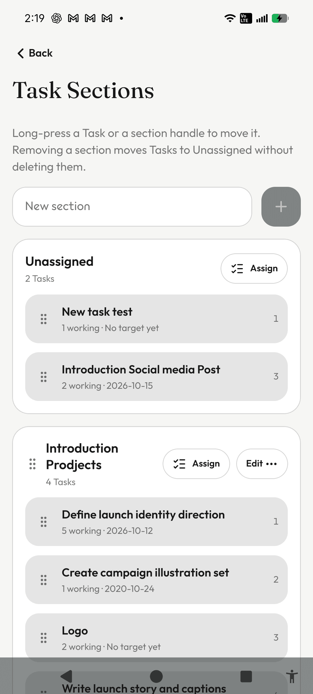 InkVein Task Sections screen showing draggable task rows and section handles.