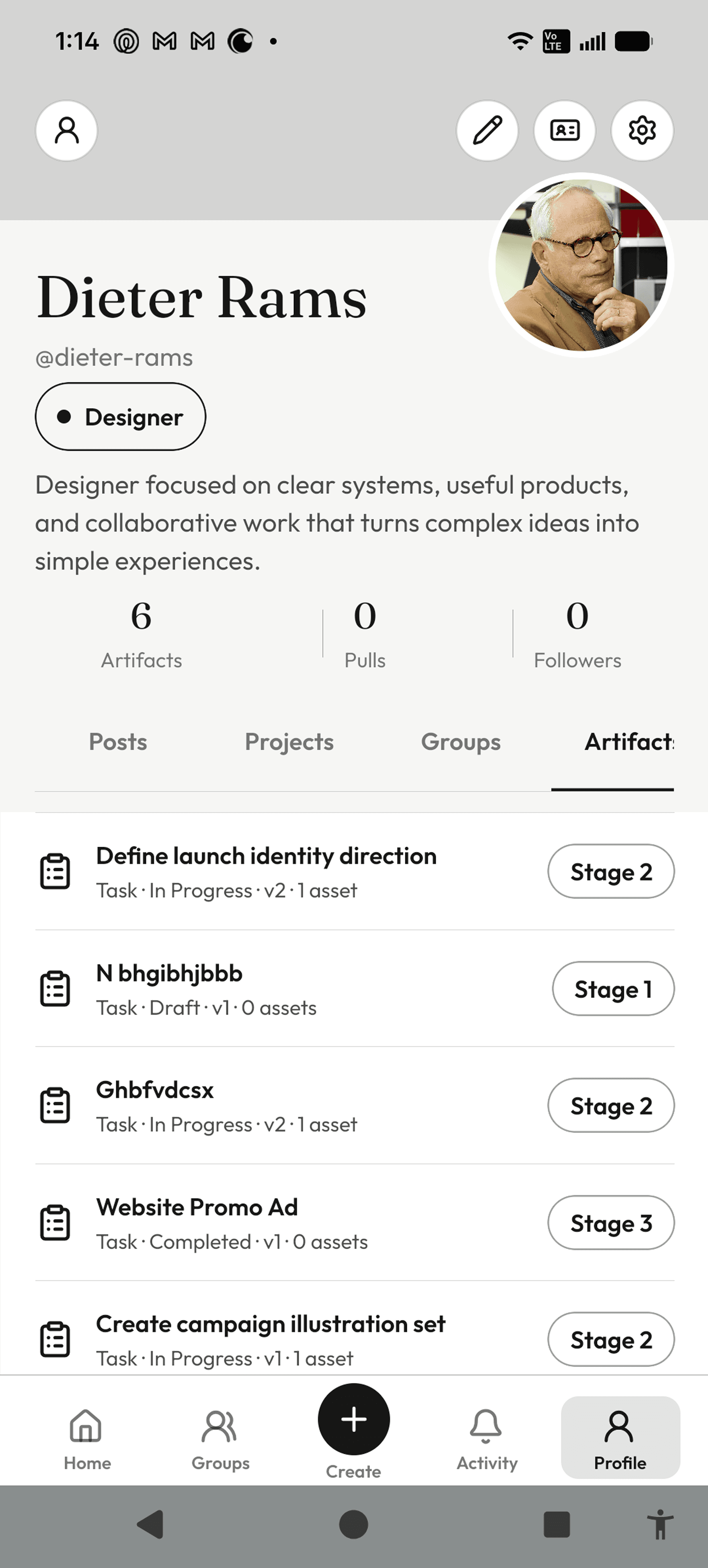 InkVein creator profile with the Artifact tab selected and a list of project tasks.