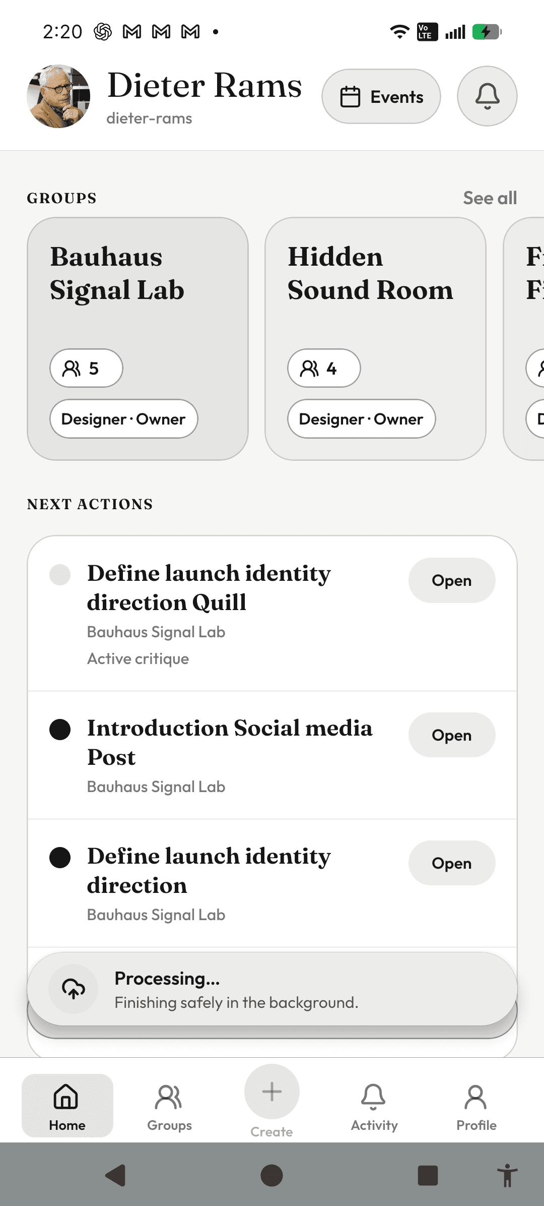 InkVein home screen with a persistent Processing status surface above bottom navigation.
