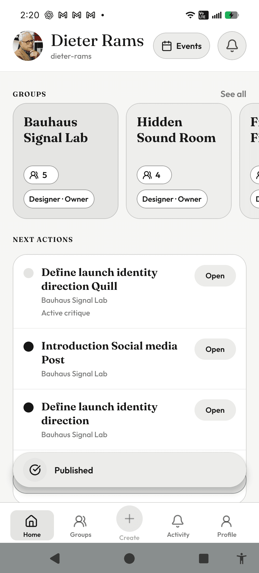 InkVein home screen with a persistent Published status surface above bottom navigation.
