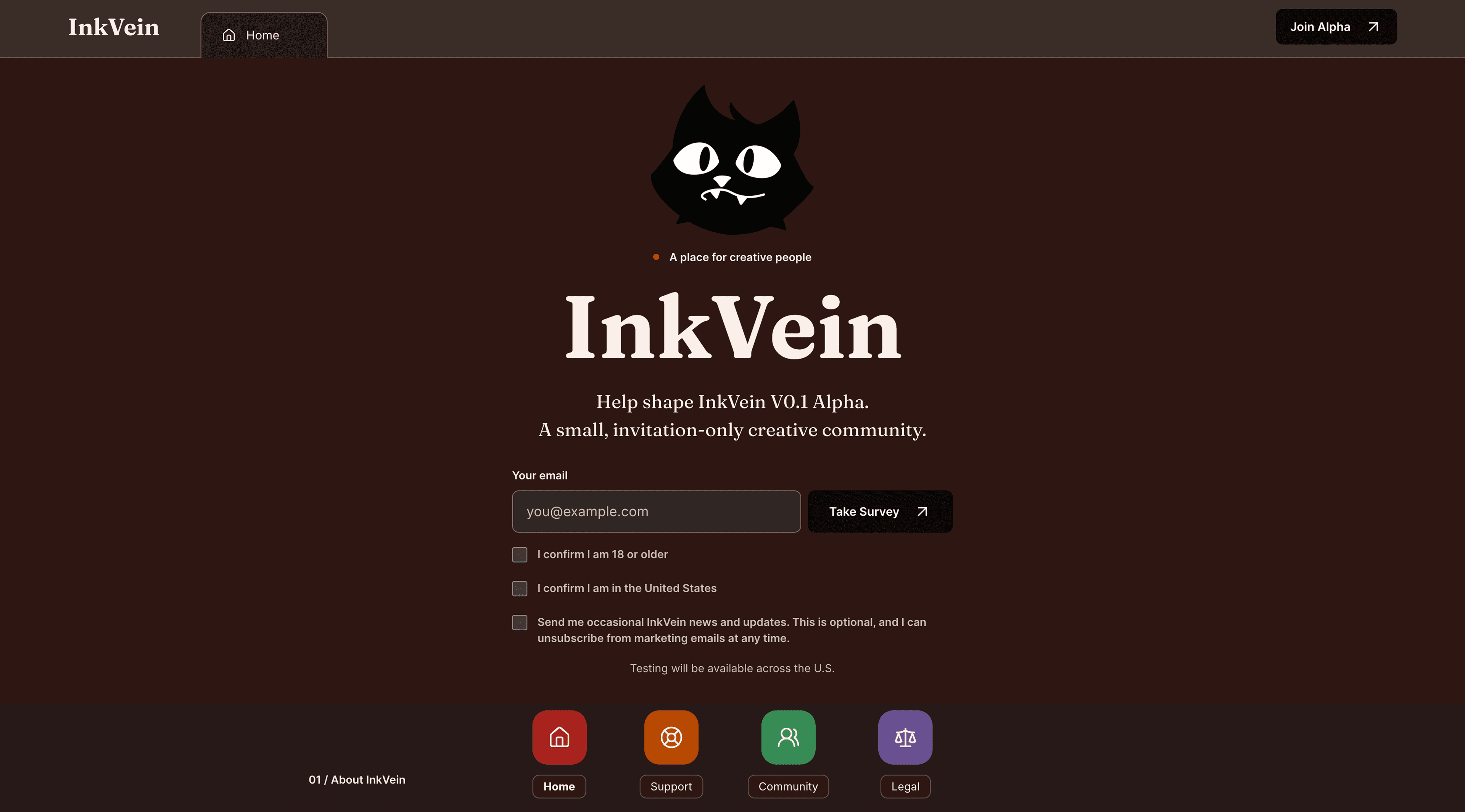 InkVein desktop Alpha landing page with the cat mark, email survey form, and feature links.