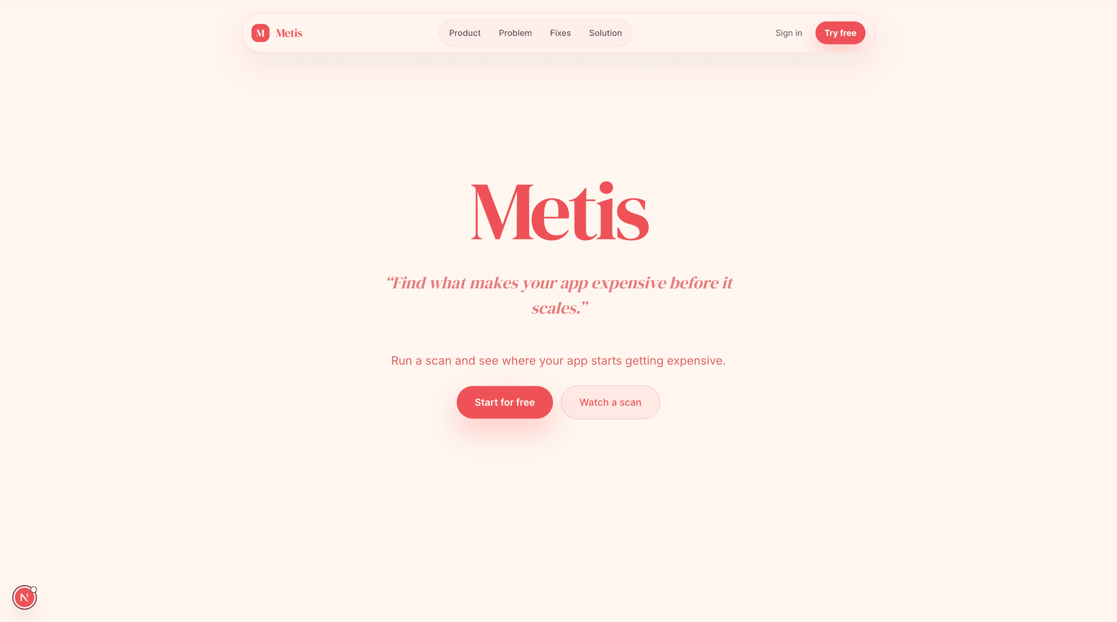 Metis desktop landing page with product statement and scan actions.