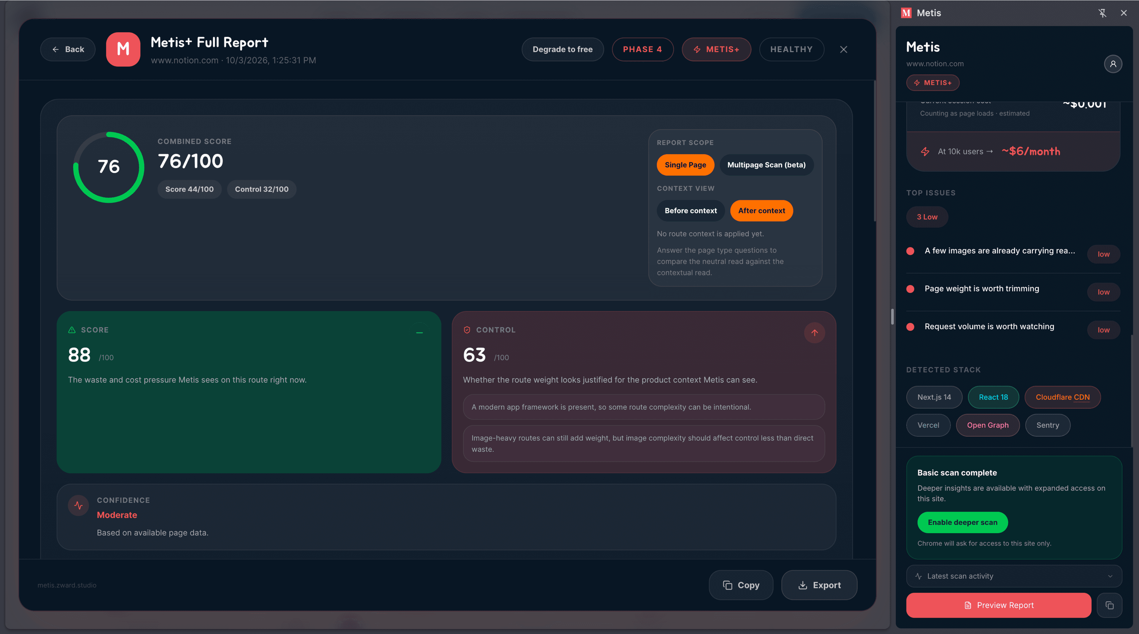 Metis full report dashboard with score, cost and technical findings, and analysis side panel.