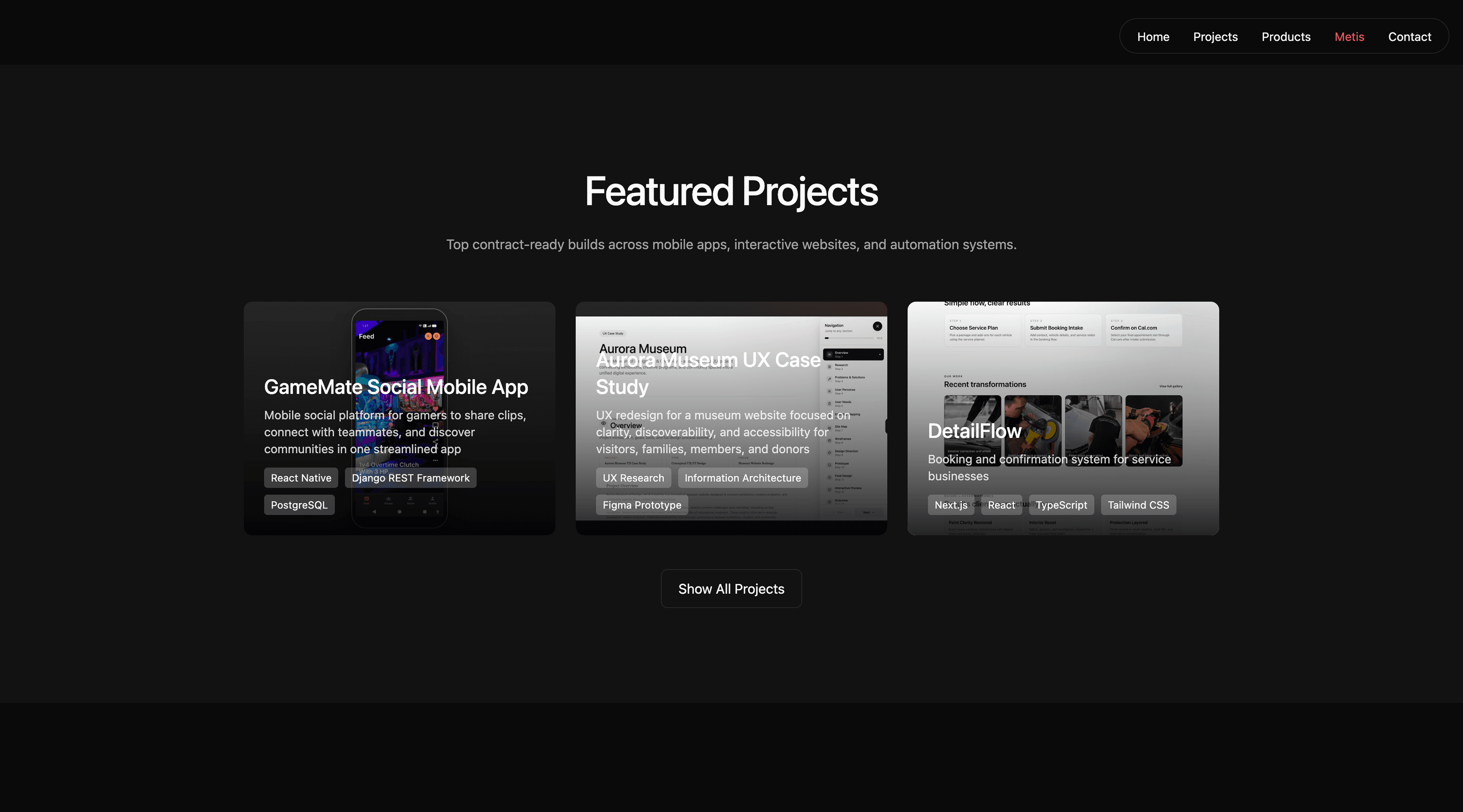 Ward Studio featured projects section with InkVein, Cruizn Clean, and Metis project cards.