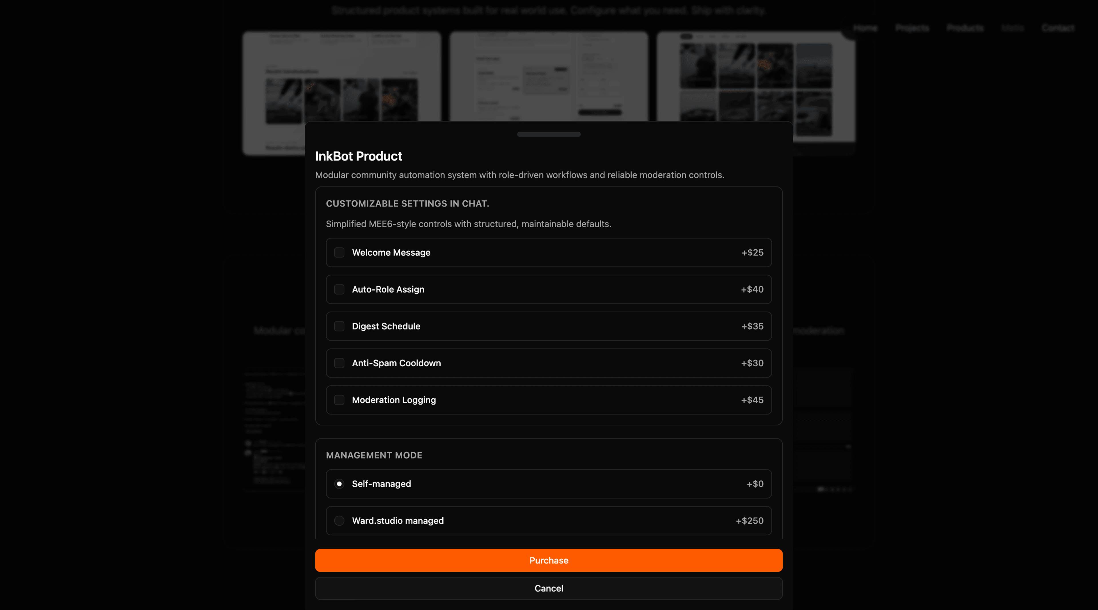 Ward Studio product drawer presenting project details over the website.